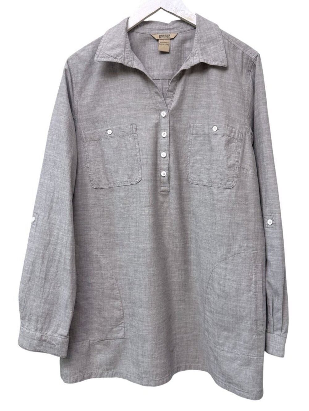 Duluth Trading Co Womens Tunic Shirt Large Cotton Pullover Button Up Top